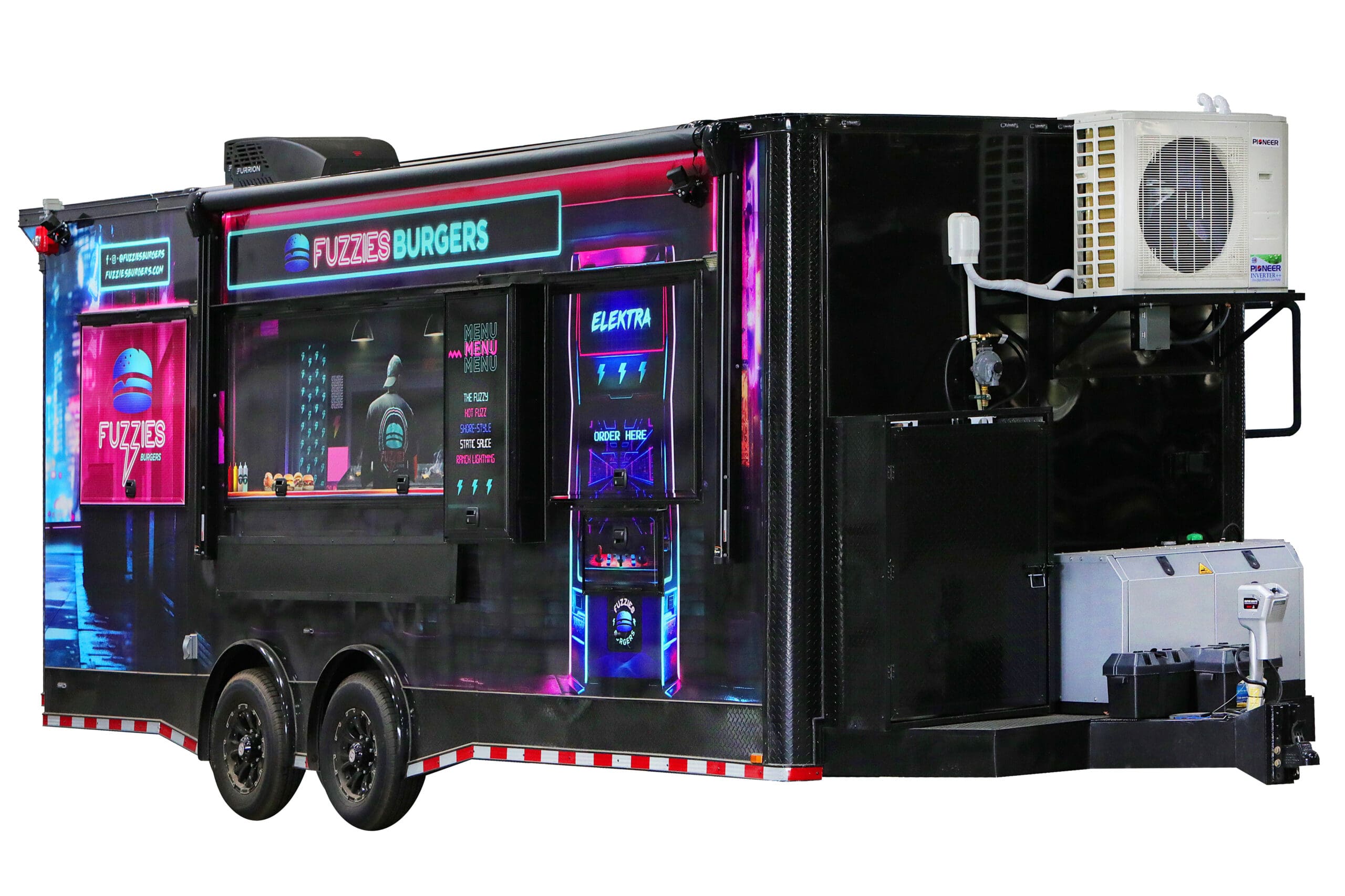 A black food trailer with bright pink and blue neon lights, featuring "FUZZIES BURGERS" in large letters on the side